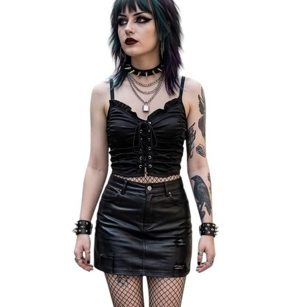 Cider Corset Top Women's Med Black Satin Lace Up Ruffle Cropped Cami Goth Punk